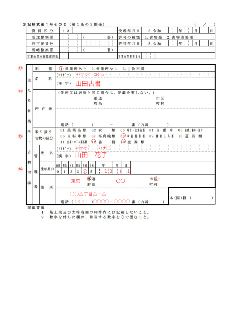 古物商許可申請書その2の営業所と管理者欄の記入例